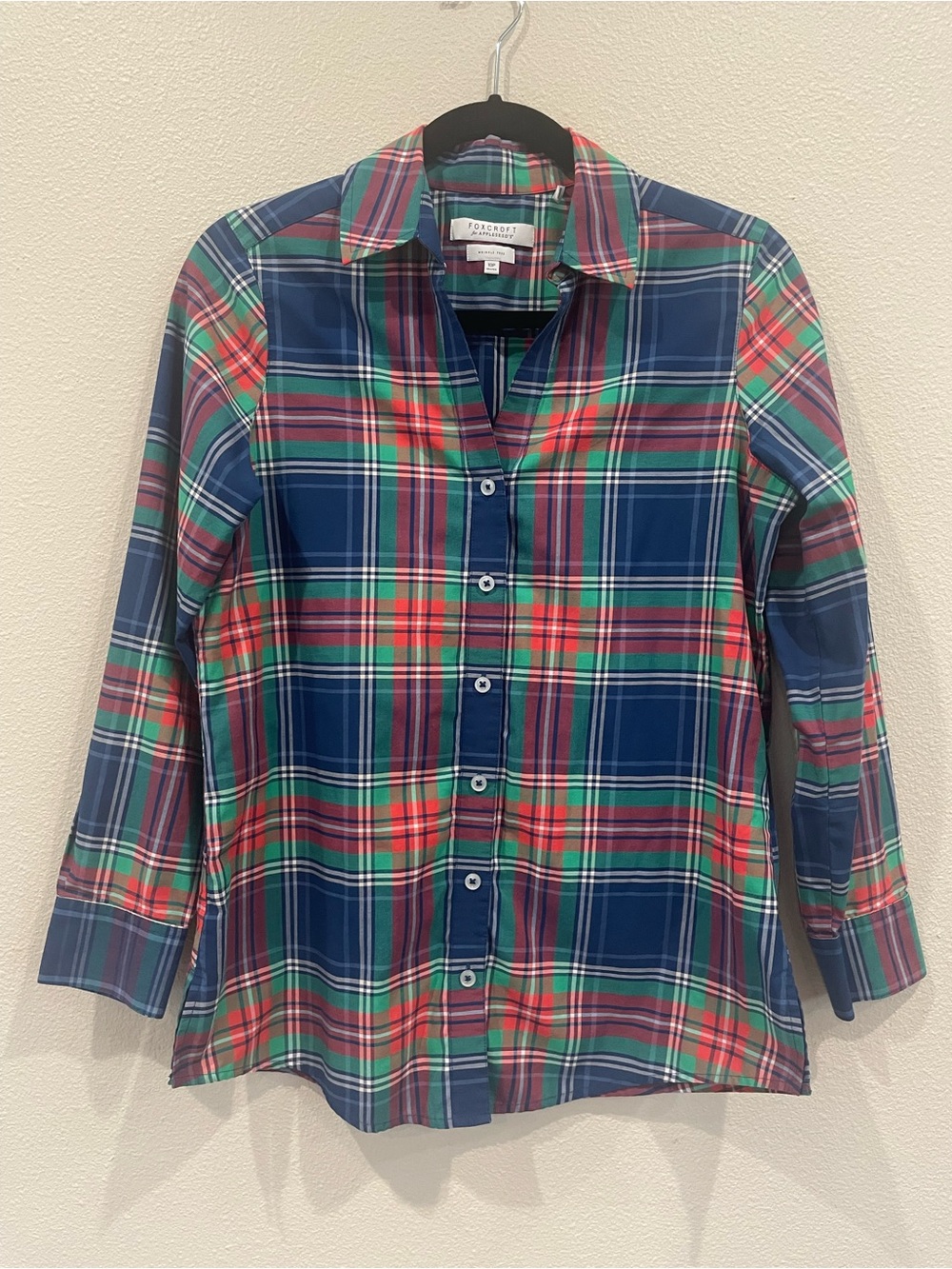 Foxcroft Plaid Button-Down Shirt in Navy, Red, Green